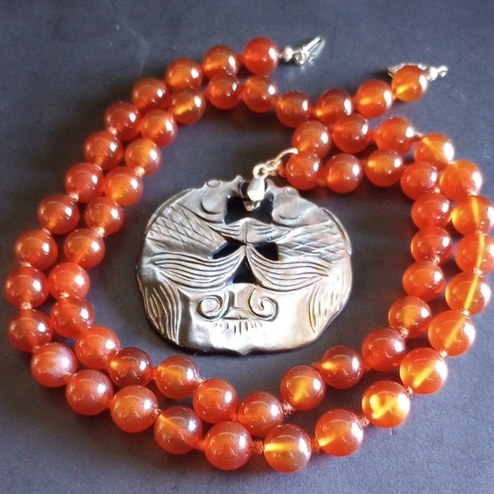 Carnelian Bead Necklace with STERLING Silver Abalone Fishes Pendant